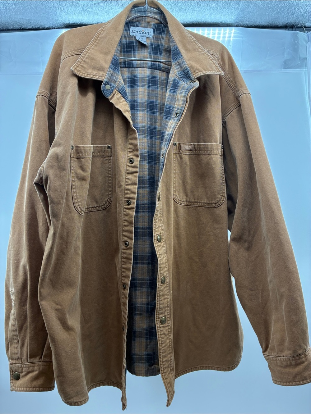 Carhartt Tan Brown Canvas Shirt Jacket with Plaid Lining